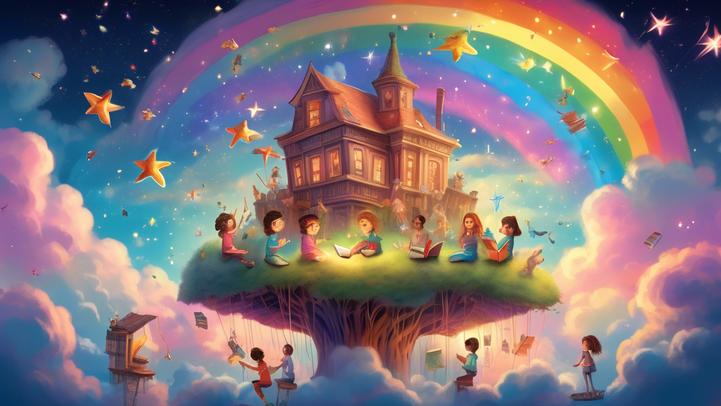 An enchanting library floating on a cloud, with a diverse group of children and fantastical creatures reading books together under a sky filled with rainbow-colored shooting stars.