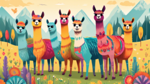 Create an image of a group of llamas standing together in a field, each llama with a different colorful pattern on its fur. Surround them with various fun facts about llamas in a playful, visually engaging way. Let the background be a peaceful, serene landscape that enhances the whimsical yet informative tone of the image.