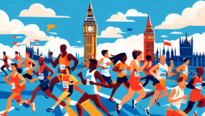 A vibrant and dynamic illustration of runners from diverse backgrounds participating in the London Marathon, with iconic London landmarks like Big Ben and the Tower Bridge in the background, under a clear blue sky.