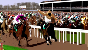 An exciting finish line moment at the Grand National horse race, with a cheering crowd in the background and photo finish cameras flashing.