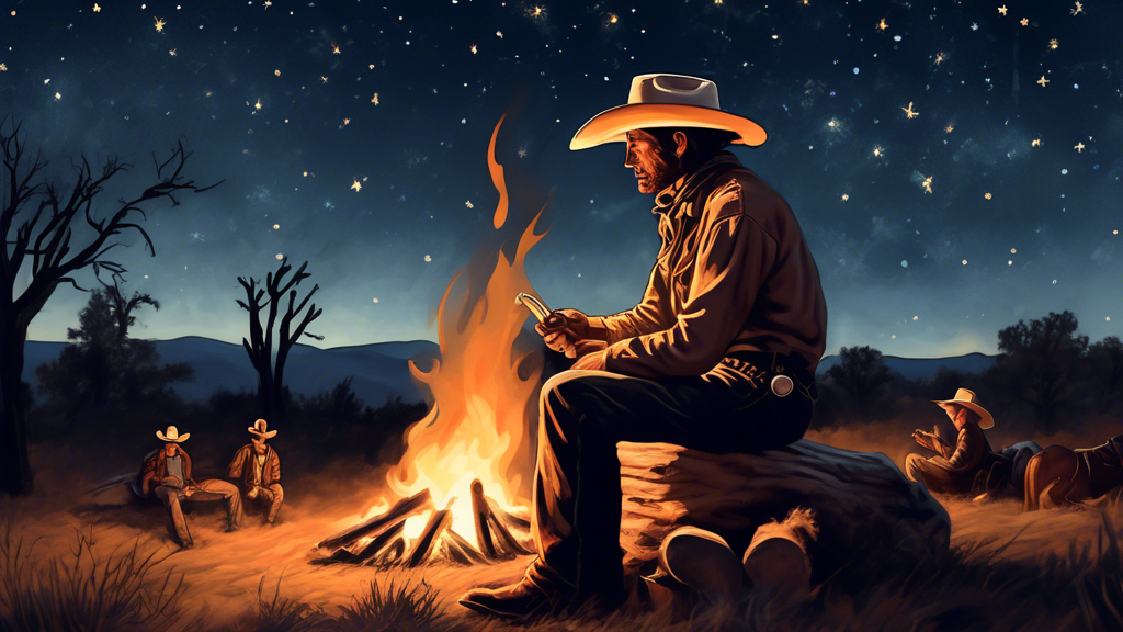 Create an image of a cowboy sitting by a campfire under a starlit Texas sky, reciting poetry to a captivated audience of fellow cowboys and horses.