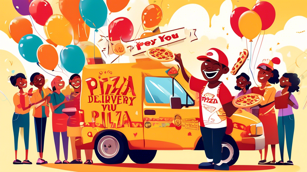 An animated image of a cheerful pizza delivery driver receiving a trophy and a heartwarming thank you card from a diverse group of grateful neighborhood people, in front of a festively decorated pizza delivery car, with balloons and streamers under a bright, sunny sky.