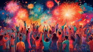 An ethereal celebration scene on World Art Day, capturing diverse artists from around the globe collaboratively creating a vibrant, multicolored tapestry of iconic art styles under a sky illuminated by paintbrush-shaped fireworks.