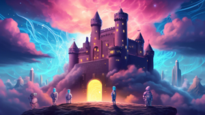 Detailed digital painting of anthropomorphic cloud characters guarding a glowing fortress of data in a mystical cyber sky, celebrating World Cloud Security Day.