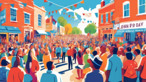 A colorful, vibrant celebration in a small town square with people holding banners and posters commemorating John Parker Day, under a clear blue sky.