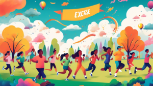 An illustration of diverse people of all ages joyfully participating in various outdoor exercise activities in a colorful park, with 'National Exercise Day' beautifully written in the sky with clouds.