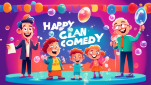 An animated family of various comedians on a brightly colored stage, mic in hand, surrounded by floating soap bubbles, under a banner that reads 'Happy Clean Comedy Day!'