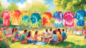 An array of vibrant, tie-dye shirts hanging on a line in a sunny, flower-filled backyard, with people wearing tie-dye clothes having a picnic in the background, celebrating National Tie Dye Day.