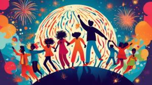 An imaginative and colorful art piece of people from different cultures around the world holding hands as they leap together over a stylized globe, with a backdrop of fireworks and the phrase 'We Jump The World Day' displayed prominently.