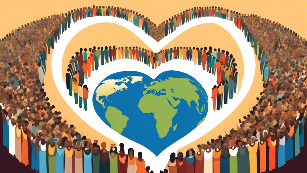 Visual representation of diverse individuals from around the world coming together to form a giant heart, symbolizing unity and peace, with the Earth in the background and a banner that reads 'International Day of Conscience' across the top.