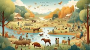 An idyllic landscape illustrating humans, animals, and nature coexisting peacefully under a banner that reads 'National All is Ours Day'