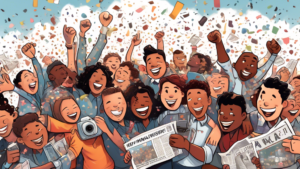 A digital illustration of diverse cartoon newspersons from around the world embracing in a large group hug with digital cameras, microphones, newspapers, and laptops floating around them, under a sky filled with confetti, captioned 'Happy National Hug a Newsperson Day!'