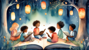 Whimsical watercolor illustration of diverse children sitting under a giant, magical book, reading together in a forest filled with glowing lanterns and fantastical creatures to celebrate Children's Picture Book Day.