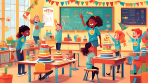 An imaginative classroom with students and a teacher celebrating Metric System Day with decorations, metric system-themed cakes, and educational posters detailing metric units like meters, kilograms, and liters, all with a joyful atmosphere.