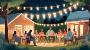 A festive gathering of friends celebrating National Ranch Water Day at a cozy backyard party, with mason jars of Ranch Water, string lights, and a banner that reads 'Happy National Ranch Water Day!'