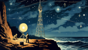 Vintage illustration of Guglielmo Marconi conducting a wireless telegraphy experiment on a coastal cliff, with a glowing radio tower in the background under a starry night sky.