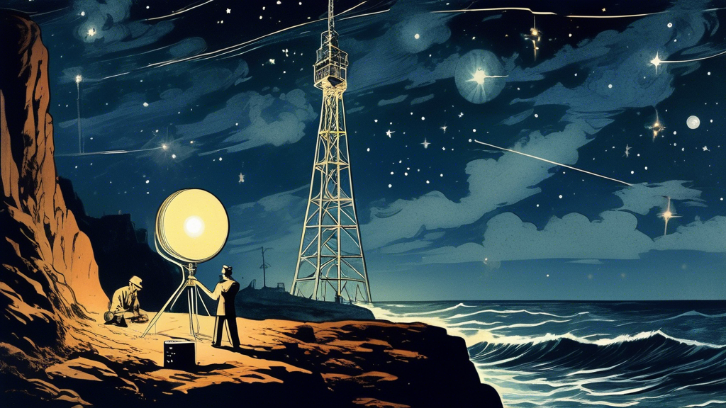 Vintage illustration of Guglielmo Marconi conducting a wireless telegraphy experiment on a coastal cliff, with a glowing radio tower in the background under a starry night sky.