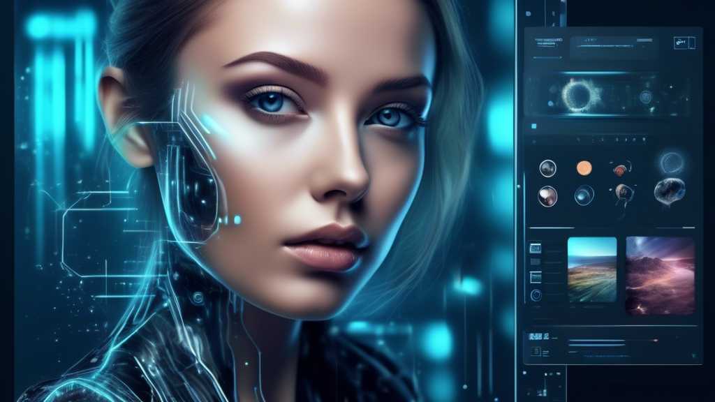 Create an image of a futuristic AI photo editing software interface, showcasing advanced features such as image enhancement, manipulation, and creative filters. Include elements like a sleek design, intuitive user interface, and cutting-edge AI technology integration. The image should convey a sense of innovation and sophistication in AI-powered photo editing tools.