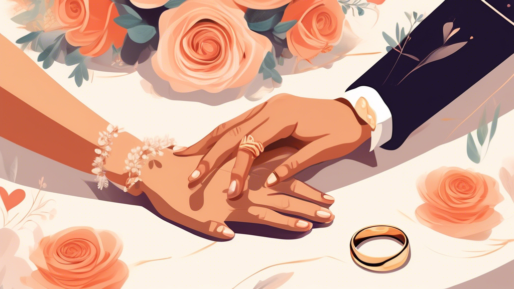 Create an image showing a close-up of a couple's hands with wedding rings on the third finger, symbolizing love and unity. The background should feature elements of a traditional wedding ceremony, such as flowers, candles, and a beautifully decorated table. Capture the emotional connection between the couple as they exchange vows and rings.