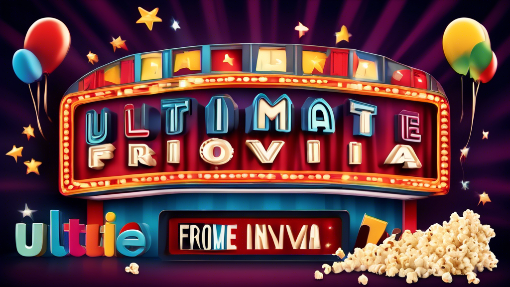Create an image of a movie theater marquee featuring the title Ultimate Movie Trivia: From A to Z in bold, colorful letters. Include classic movie symbols such as popcorn, film reels, and 3D glasses to enhance the movie-themed atmosphere.