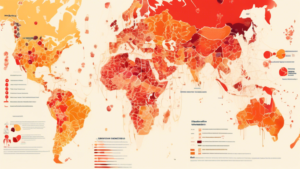 Create an image of a world map with highlighted regions experiencing different stages of outbreaks, epidemics, and pandemics. Include visual representations such as red areas symbolizing outbreaks, orange areas symbolizing epidemics, and yellow areas symbolizing pandemics. Display icons like masks, viruses, and healthcare workers in the image to illustrate the concept of understanding the progression of infectious diseases on a global scale.