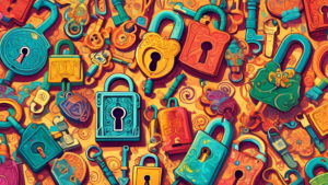 Create an image of a giant, whimsical key unlocking a colorful, oversized padlock. The key and lock should be adorned with intricate designs and surrounded by smaller, regular-sized keys of various shapes and colors. This lively and imaginative image will visually represent the theme of unlocking the fun and showcase the fascinating world of locks in a playful and engaging way.