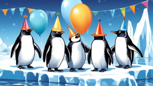 A group of cheerful penguins celebrating World Penguin Day with party hats and balloons on a scenic Antarctic ice shelf, with a banner reading Happy World Penguin Day in the background.