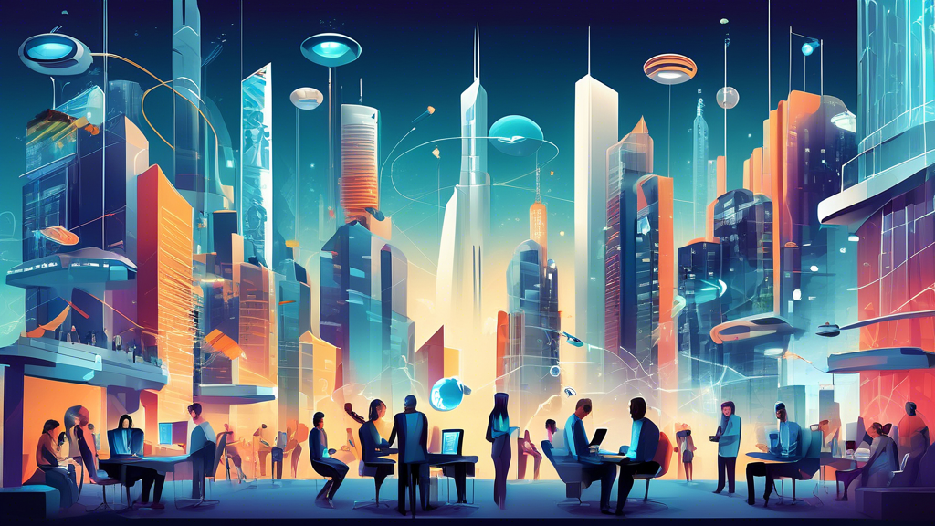 Create an image of a futuristic digital cityscape filled with bustling team members from various industries engaging in collaborative activities, representing the innovative and interconnected nature of Teamlinkt. Include elements like virtual meeting rooms, diverse teams working together, and technological gadgets integrated into the urban landscape.