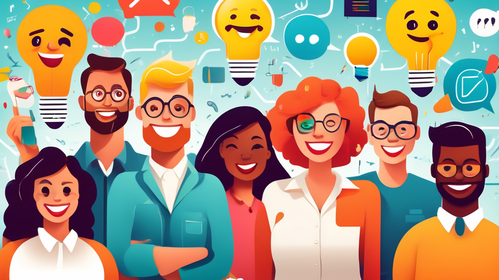 Diverse group of cheerful marketing professionals surrounded by colorful, whimsical representations of charts, lightbulbs, emojis, and speech bubbles, each showing a unique and fun marketing fact, all on a bright, engaging background.