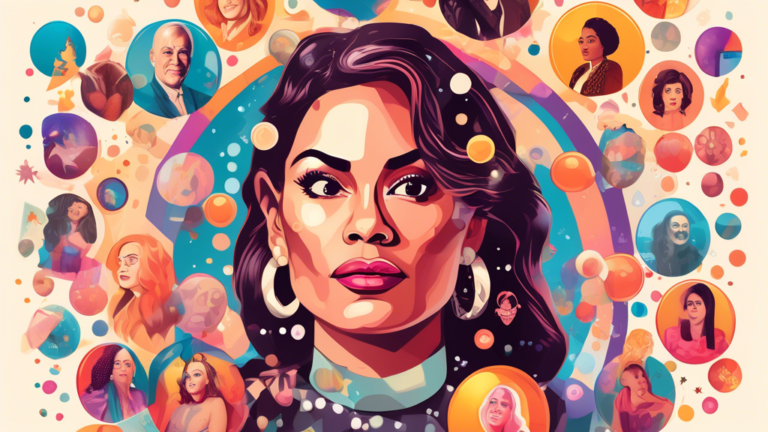 Portrait of a charismatic transgender actress surrounded by trivia bubbles containing iconic symbols and images representing her diverse roles and personal achievements.