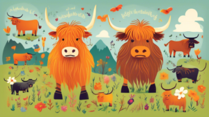 Create an image of a whimsical illustration showcasing 16 interesting facts about Highland cows! Each fact can be visually represented in a creative and engaging way, capturing the unique characteristics and charm of these iconic animals. Use a colorful and playful design to make the facts both informative and fun to learn about.