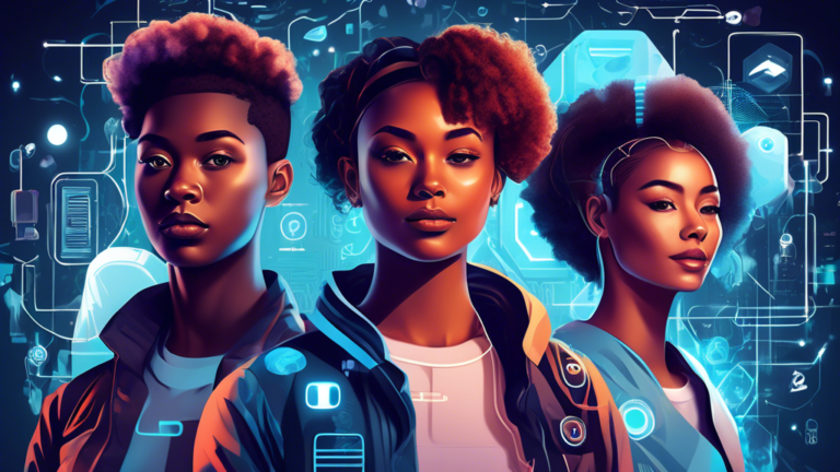 Digital illustration of four diverse young individuals representing Generation IV, surrounded by futuristic technology and icons symbolizing innovation, sustainability, and digital connectivity.