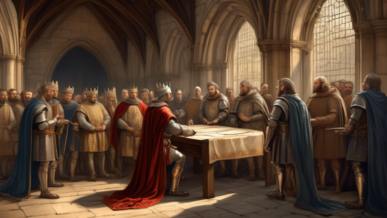Please generate an image of a visually striking and detailed illustration depicting the signing of the Magna Carta in 1215, with King John and the barons present. Include intricate details such as medieval clothing, a grand hall setting, and aged parchment paper with Latin text as a backdrop. Make sure to capture the historical significance and tension of this momentous event in English history.