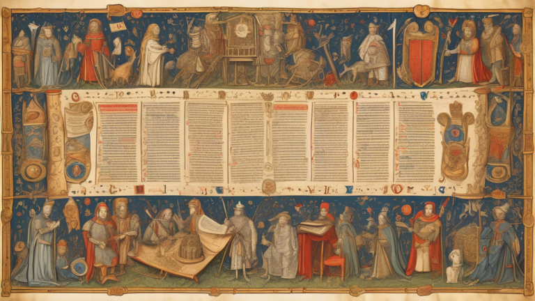 An artistically detailed scroll of the Magna Carta surrounded by symbols representing its 17 most amazing facts, illuminated in a medieval manuscript style.