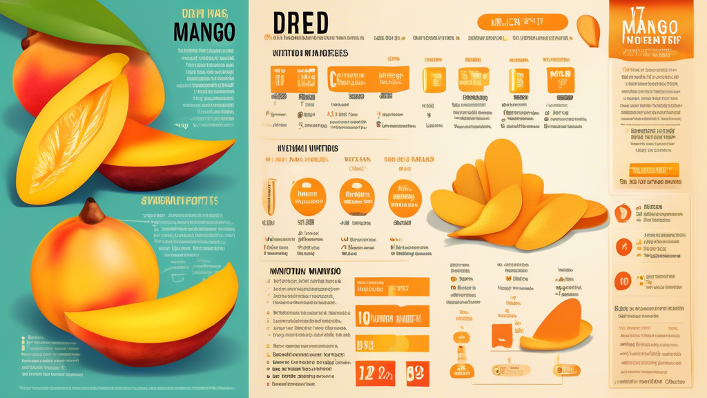 Create an image of a colorful and visually appealing infographic showcasing 17 Amazing Dried Mango Nutrition Facts. Include fun and engaging visuals such as vibrant mango slices, a nutrition label, and icons representing different vitamins and minerals. The design should be informative, easy to read, and eye-catching to attract viewers' attention.