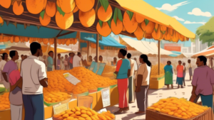 A vibrant, bustling outdoor market with a large, colorful stand dedicated to dried mangoes, in front of which a knowledgeable vendor animatedly explains the nutrition facts of dried mangoes to an interested crowd, with a giant illustrated nutrition chart hanging at the back of the stand under a sunny sky.