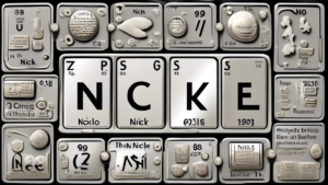 Create an image of a periodic table with the element nickel highlighted, surrounded by various objects and symbols representing interesting facts about nickel, such as a battery to represent its use in rechargeable batteries and a coin to symbolize its presence in US nickels.