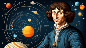 Create an image of a whimsical and educational illustration featuring fun facts about Nicolaus Copernicus, such as his groundbreaking heliocentric model of the solar system, his work as a mathematician and astronomer, and his contributions to our understanding of the universe. Include playful elements like planets orbiting around Copernicus and scientific symbols incorporated into the design to make it visually engaging and informative.