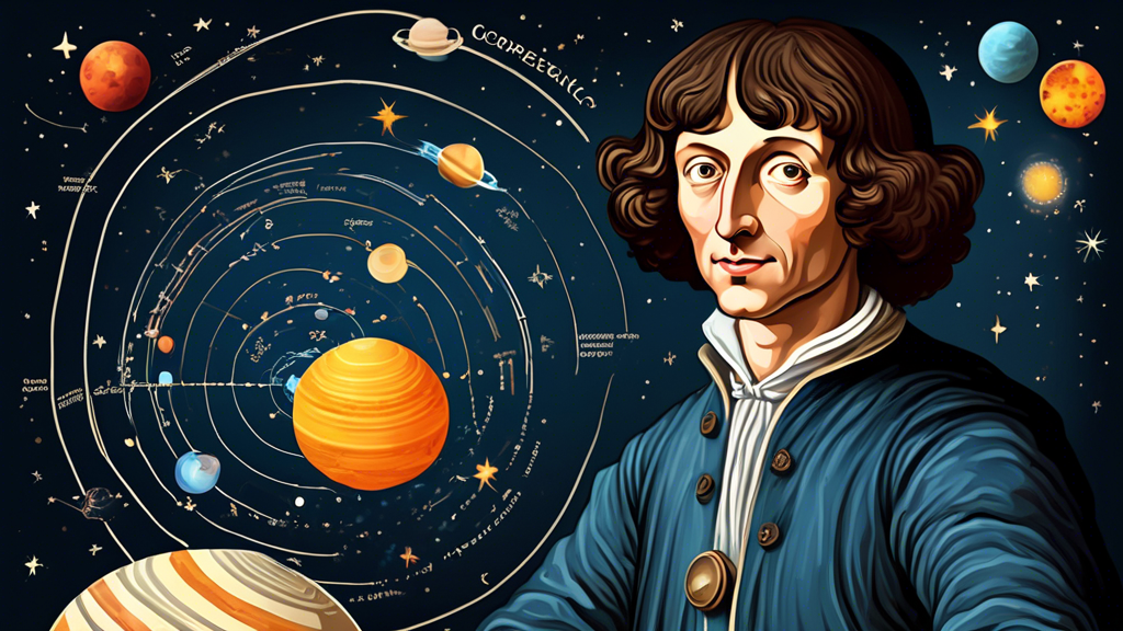 Create an image of a whimsical and educational illustration featuring fun facts about Nicolaus Copernicus, such as his groundbreaking heliocentric model of the solar system, his work as a mathematician and astronomer, and his contributions to our understanding of the universe. Include playful elements like planets orbiting around Copernicus and scientific symbols incorporated into the design to make it visually engaging and informative.