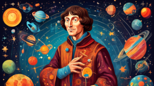 A colorful, animated illustration of Nicolaus Copernicus surrounded by whimsical representations of his 18 most amazing fun facts, including miniature planets orbiting around him and ancient astronomical tools, all set against the backdrop of a starry night sky.