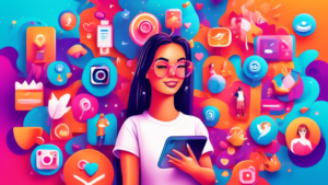 Digital illustration of an Instagram influencer surrounded by icons representing likes, comments, followers, and various lifestyle symbols, in a vibrant and engaging composition.