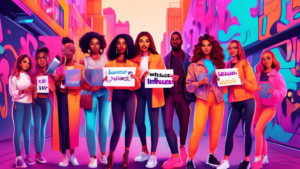 Create an image of a diverse group of Instagram influencers posing together in a trendy urban setting, each holding a sign with a different fact about being an influencer. The background should feature a bustling cityscape with colorful graffiti walls and bright neon lights.