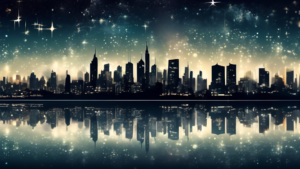 Create an image of a bustling city skyline at night with a clear view of the starry sky above, showcasing the effects of light pollution on the environment. Include key elements such as bright city lights drowning out the stars, light spilling into the night sky, and an overall contrast between the urban glow and the beauty of natural darkness.