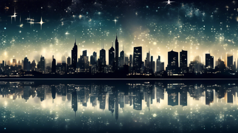 Create an image of a bustling city skyline at night with a clear view of the starry sky above, showcasing the effects of light pollution on the environment. Include key elements such as bright city lights drowning out the stars, light spilling into the night sky, and an overall contrast between the urban glow and the beauty of natural darkness.