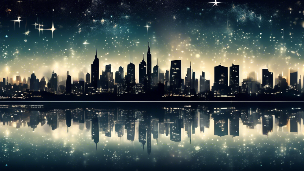 Create an image of a bustling city skyline at night with a clear view of the starry sky above, showcasing the effects of light pollution on the environment. Include key elements such as bright city lights drowning out the stars, light spilling into the night sky, and an overall contrast between the urban glow and the beauty of natural darkness.
