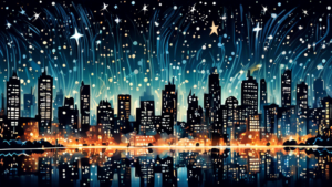 A serene night sky filled with stars over a bustling cityscape, illustrating the contrast between natural beauty and light pollution.