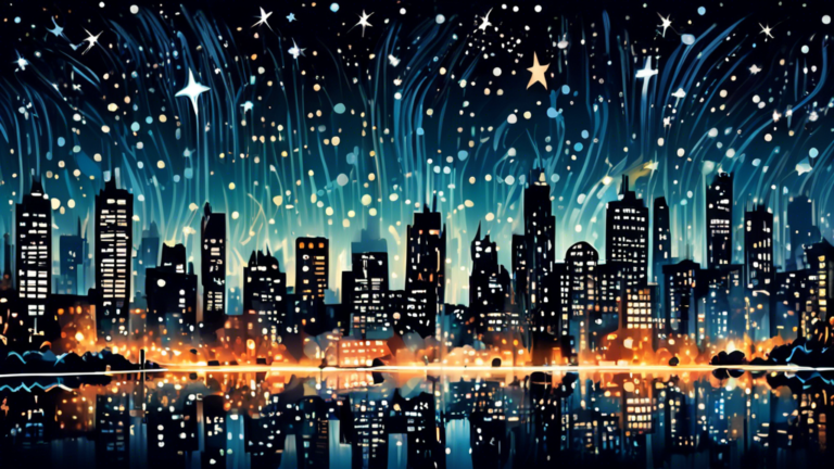 A serene night sky filled with stars over a bustling cityscape, illustrating the contrast between natural beauty and light pollution.