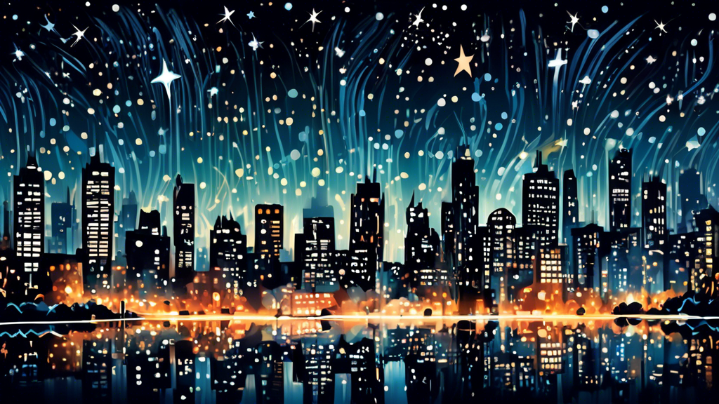 A serene night sky filled with stars over a bustling cityscape, illustrating the contrast between natural beauty and light pollution.