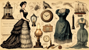 A collection of objects from the Victorian era, including a steam locomotive, a gas lamp, a pocket watch, a quill and inkwell, and a woman wearing a corseted gown, all carefully arranged on a vintage-style illustrated poster to depict 20 amazing facts.