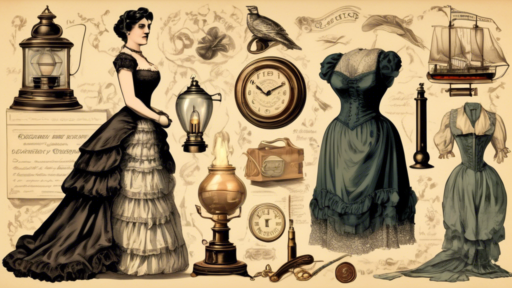 A collection of objects from the Victorian era, including a steam locomotive, a gas lamp, a pocket watch, a quill and inkwell, and a woman wearing a corseted gown, all carefully arranged on a vintage-style illustrated poster to depict 20 amazing facts.